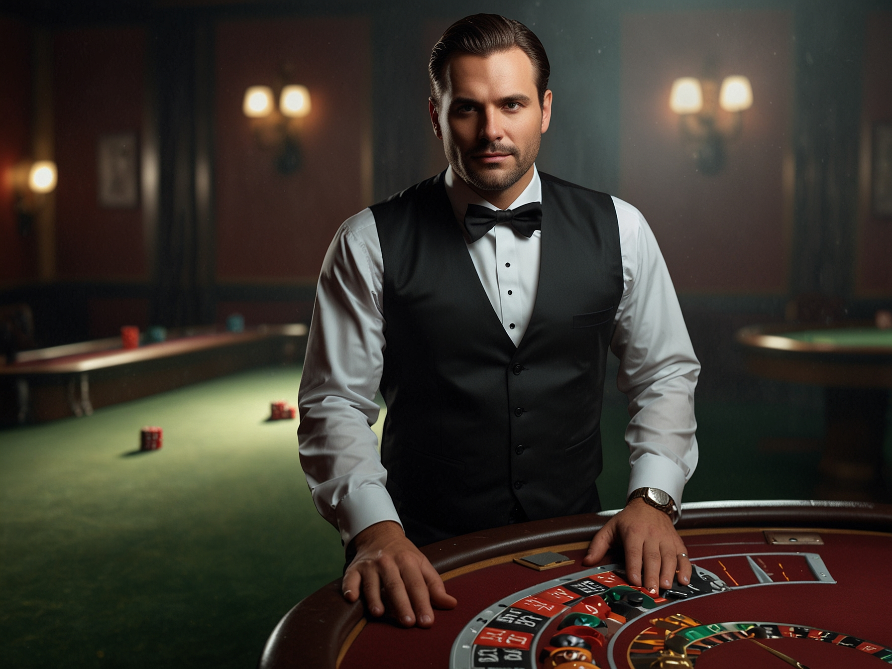 Professional casino dealer presenting the table